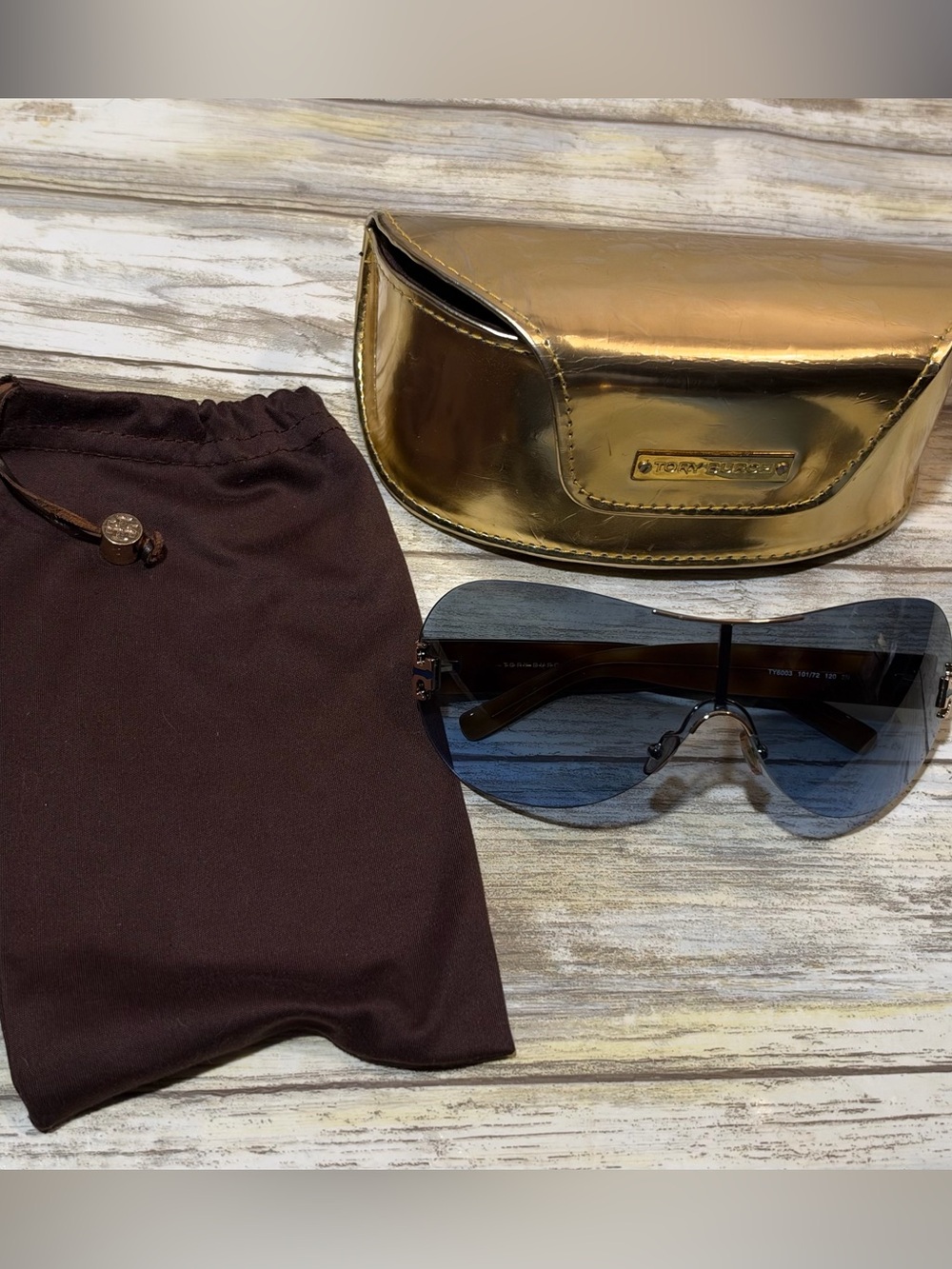 Tory Burch Rimless Shield Sunglasses Gold Tortoise Blue Gradient + Case